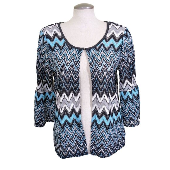 Vintage Open Front Knit Light Jacket Cardigan Womens M Blue Chevron Bell Sleeves - Picture 1 of 5